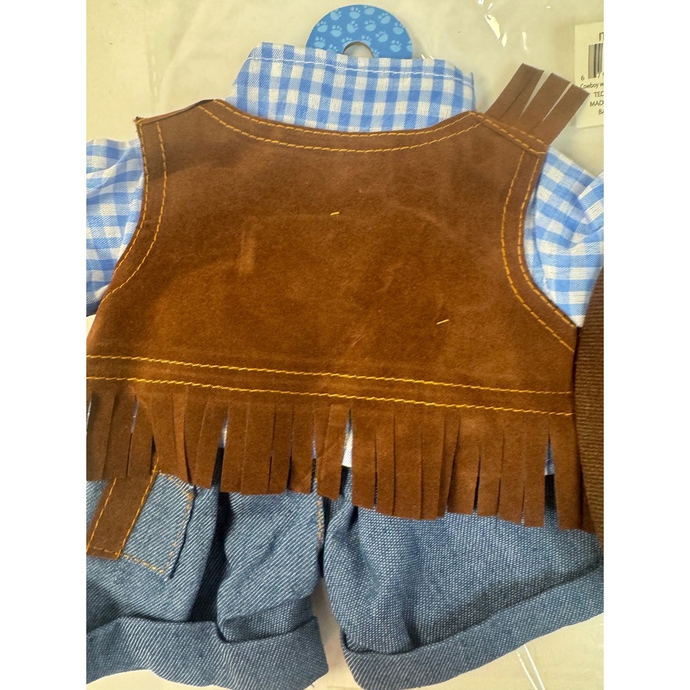 Teddy Mountain 8" Cowboy Plush Outfit Blue Gingham Shirt Brown Vest Hat 2180 - Picture 7 of 12